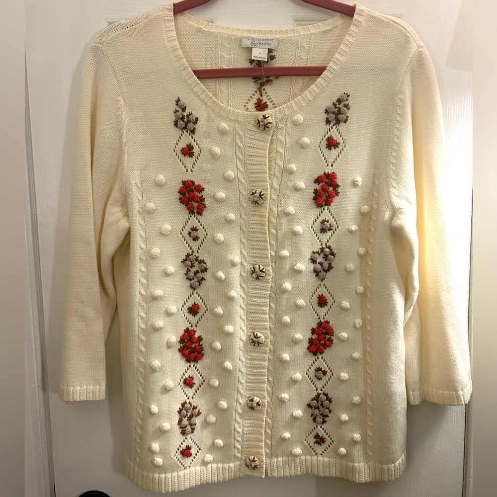 Christoper& Banks Embroidered Sweater Cardigan Large NWT